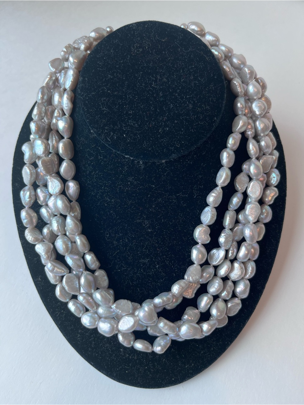 Gray Silver Pearls Multi Strand 925 Sterling Silver Clasp Statement Necklace